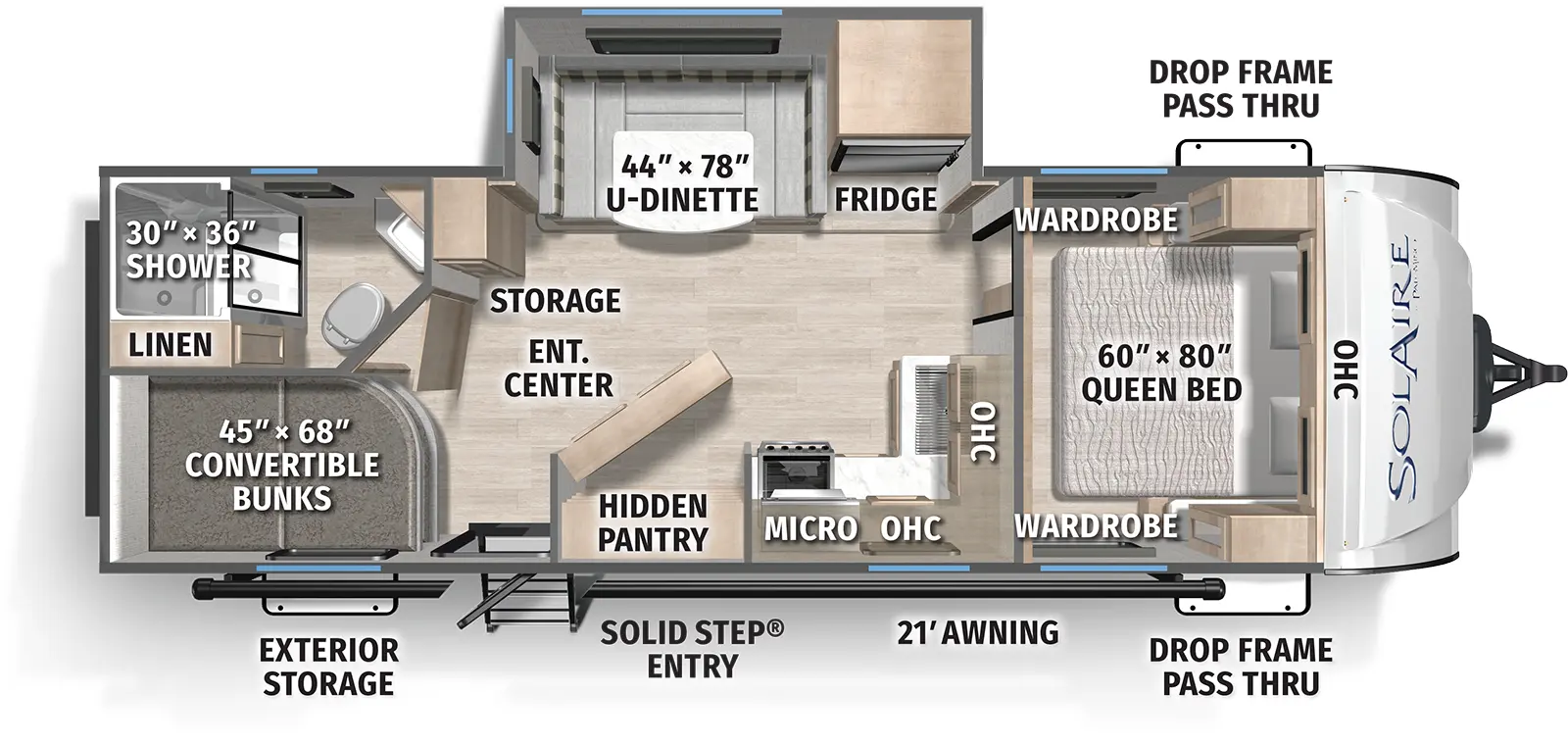 The SolAire Ultra Lite 2430BHS floorplan has one entry and one slide out. Exterior features include: fiberglass exterior, 21' awning and outside kitchen. Interiors features include: bunk beds and u-dinette.